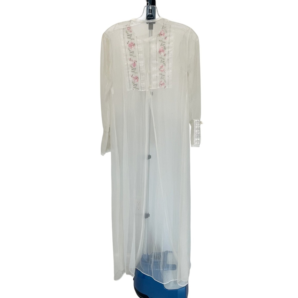 Vintage 70s White Sheer Floral Embroidered Peignoir Robe Coquette Cottagecore S